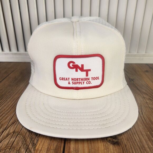 VTG GNT Great Northern Tool & Supply Snapback Farmer Hat Cap White Red Patch USA - Picture 2 of 10